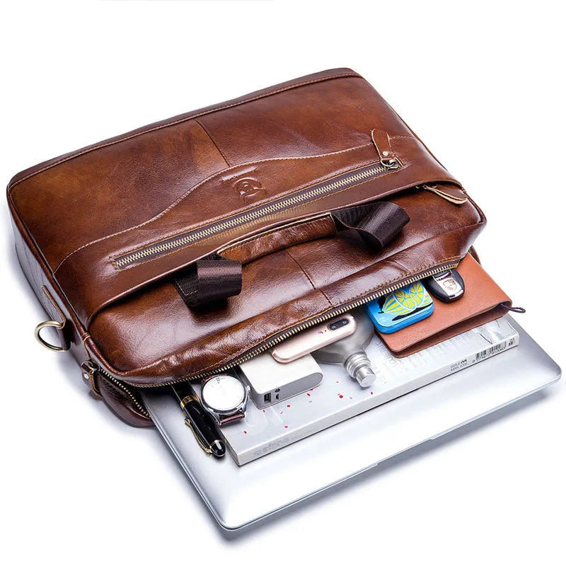 Captain Cow Leather Briefcase 044 in brown first layer cowhide with three compartments and metal clasp