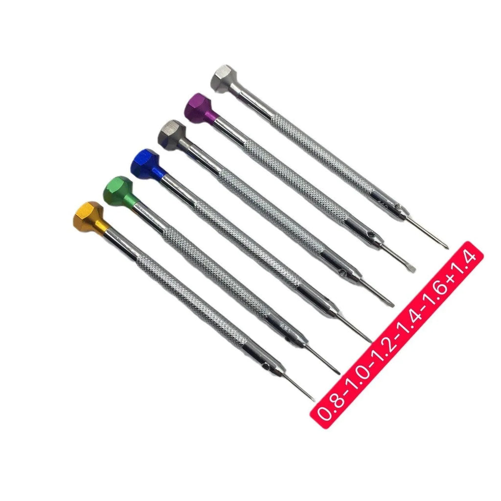 Six colour-coded aluminium handle screwdrivers and a meter repair tool for watchmaking and electronics.