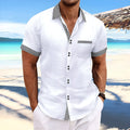 Man wearing a striped slim fit pure cotton short sleeve casual shirt with a double button placket