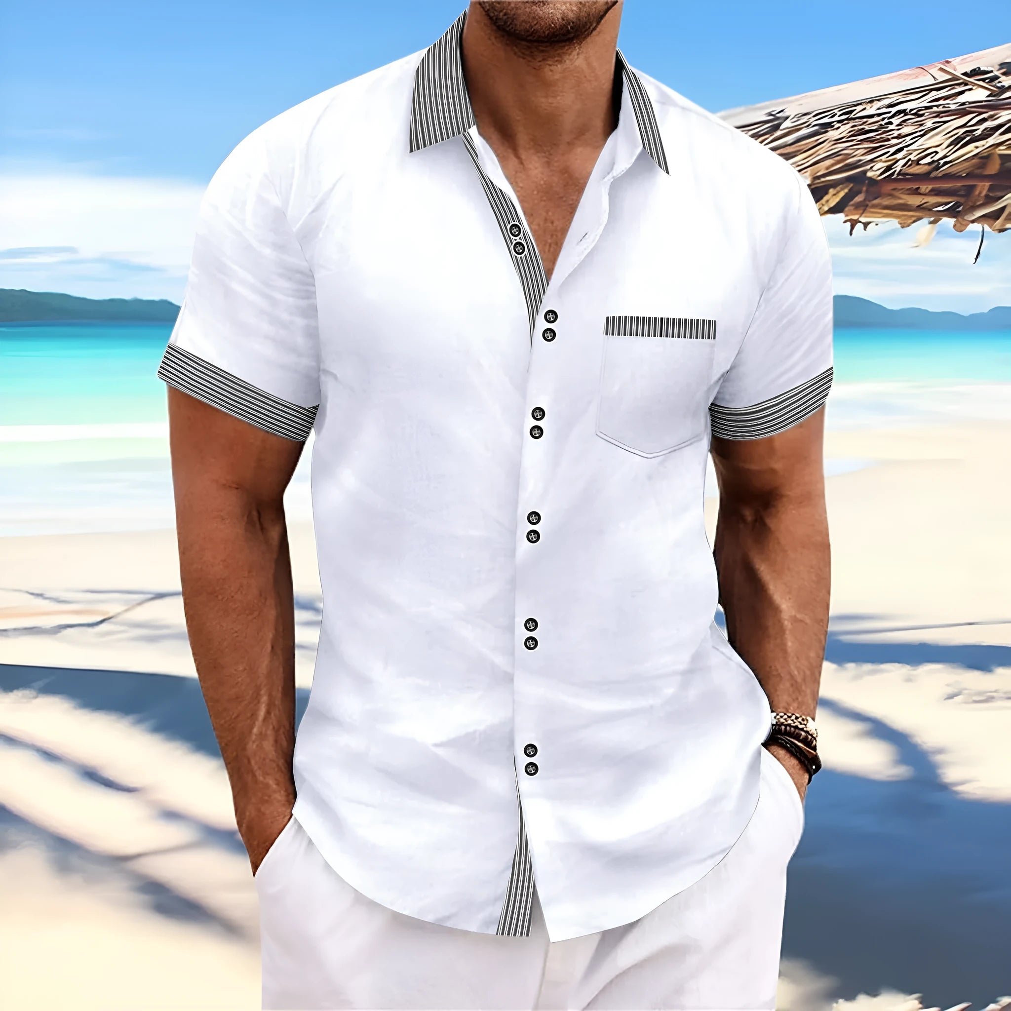 Man wearing a striped slim fit pure cotton short sleeve casual shirt with a double button placket