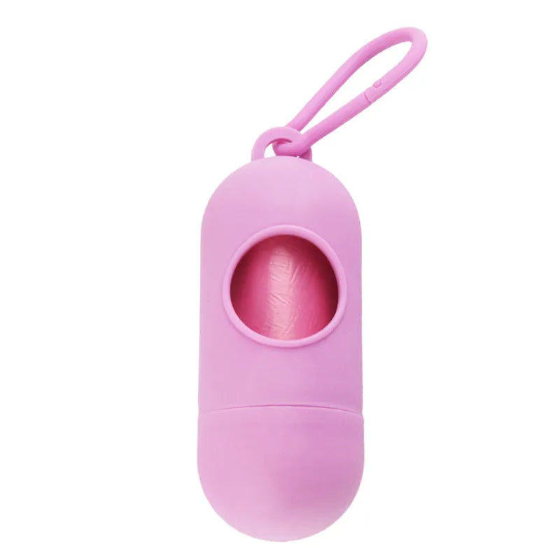 Small rectangular dog poop bag holder with a Velcro strap and metal hook, shown in a choice of colours.