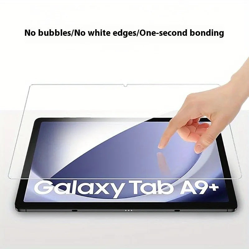 Samsung Galaxy tablet with a clear tempered glass screen protector applied, showing HD clarity.