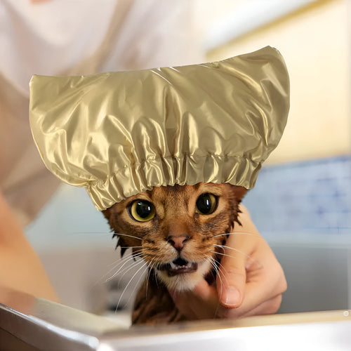 Adjustable pet shower cap for cats and dogs in silver colour with ear protection design
