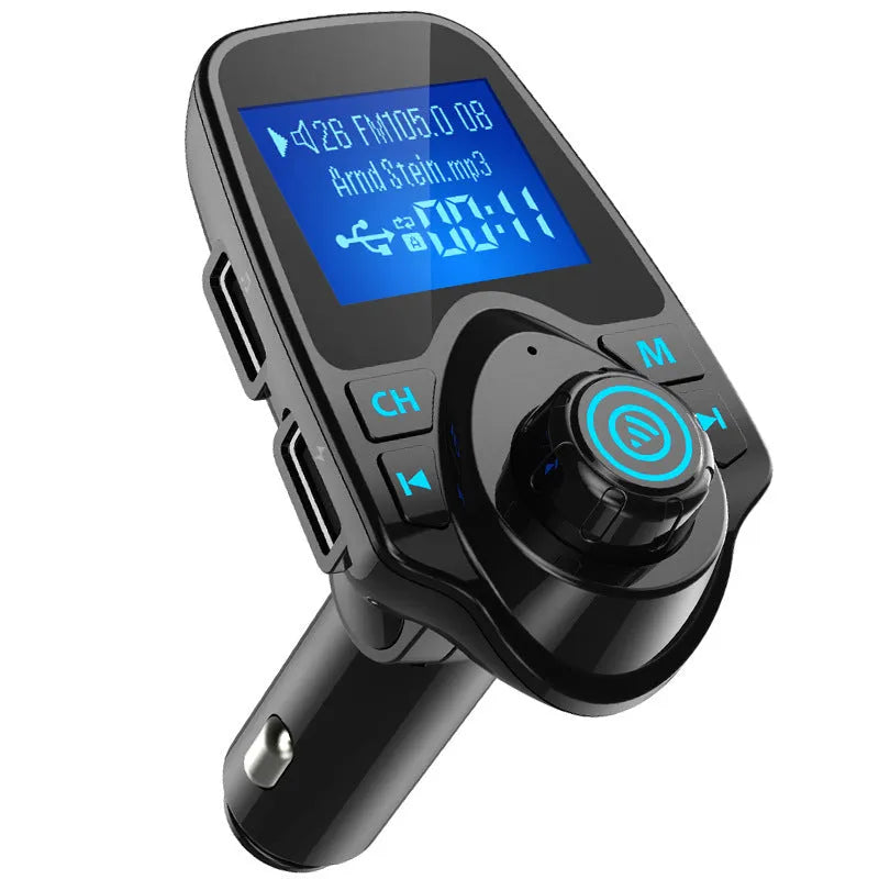 Black car Bluetooth hands-free kit with FM transmitter, USB port, and TF card slot plugged into a 12V socket.