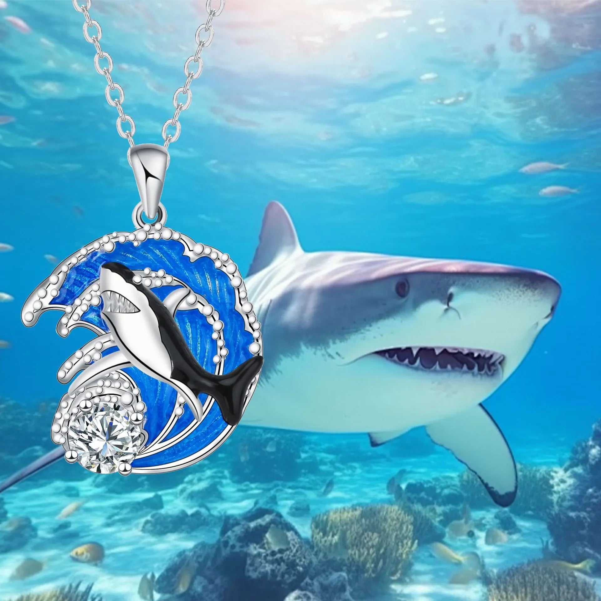 Copper shark pendant necklace with cross chain and electroplating finish