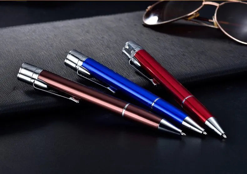 Slim metal pen lighter with windproof jet flame, keychain attachment, in choice of colours.