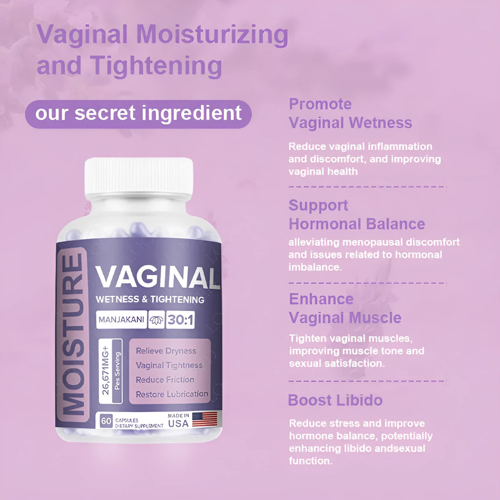 Bottle of 60 vaginal capsule supplements for women's intimate health with herbal extract formula
