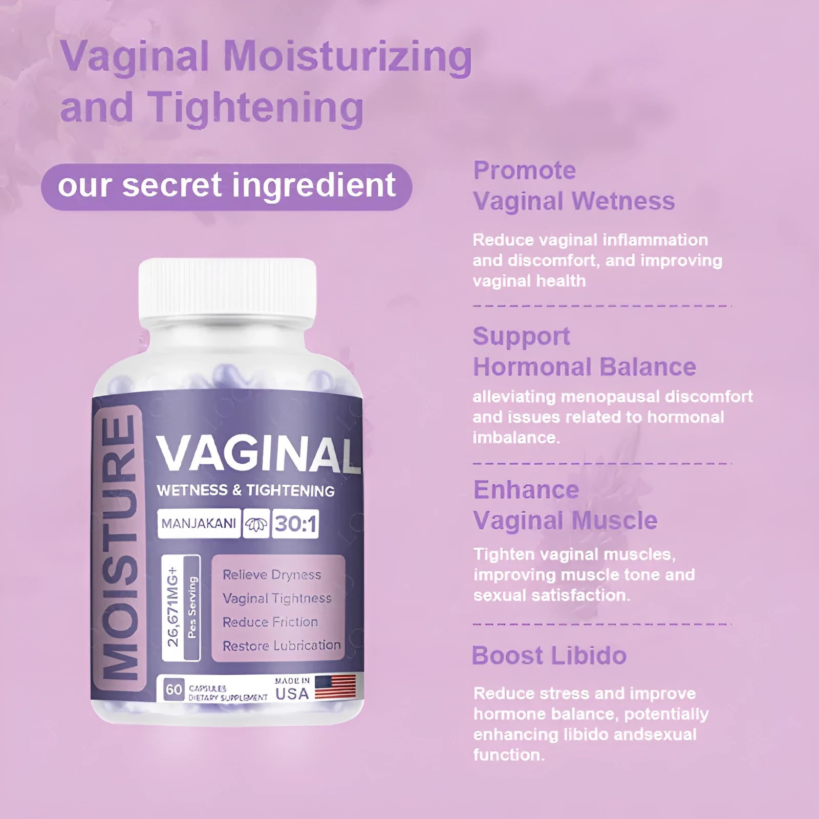 Bottle of 60 vaginal capsule supplements for women's intimate health with herbal extract formula