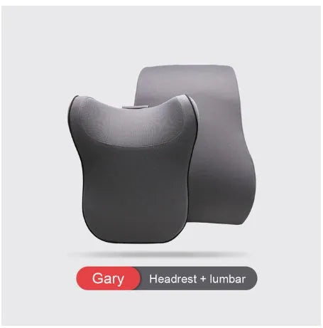 Car headrest and lumbar support cushion set in gray on a car seat