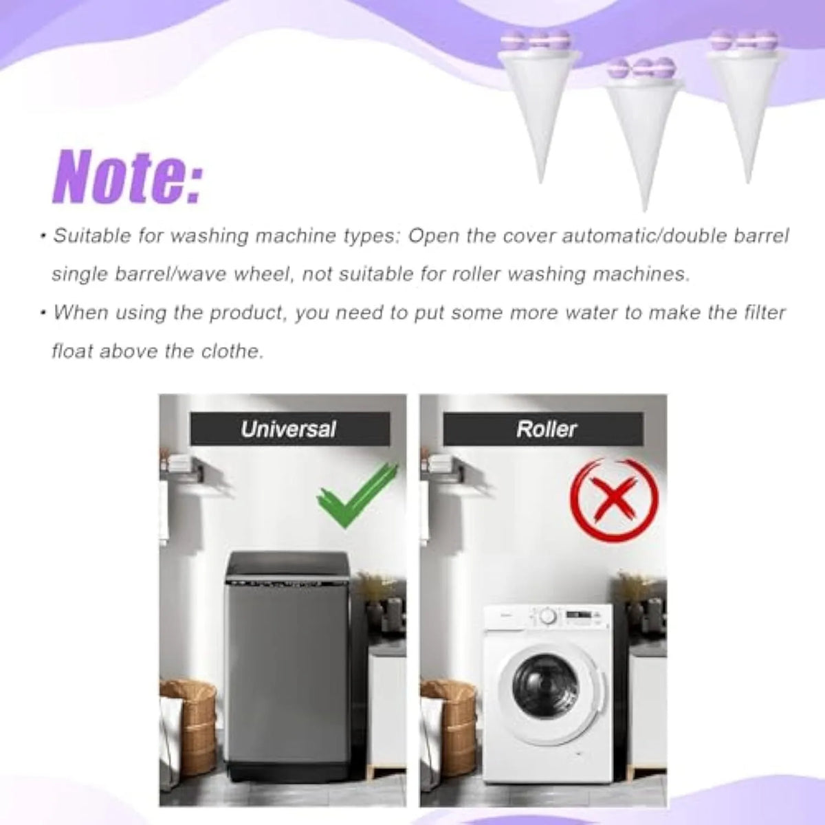 3PCS floating hair filtering mesh bags in pink blue purple for washing machine, 17.5x9.2cm, nylon mesh pet lint catcher