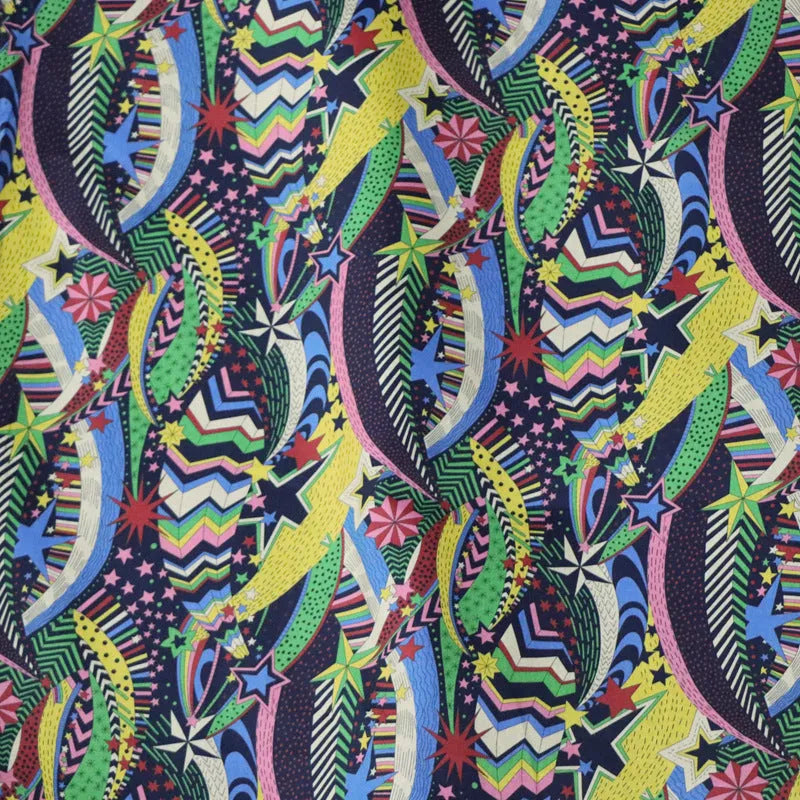 Blue cotton fabric with plant and flower digital print showing 145cm width measurement
