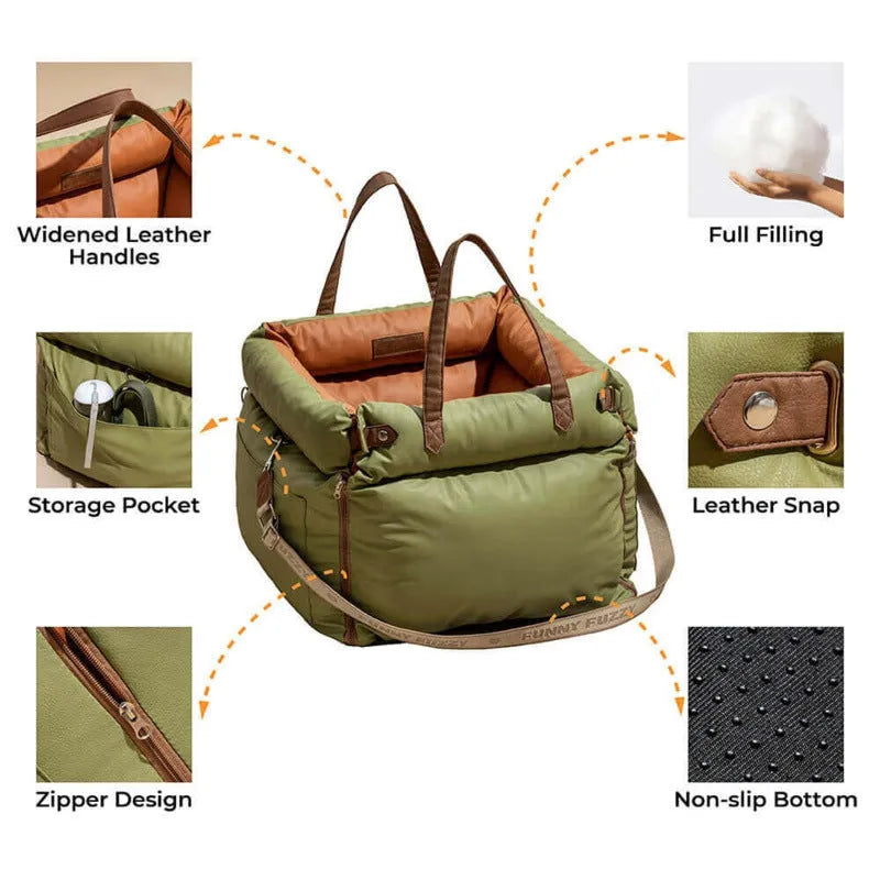 Green waterproof PU leather dog car nest with removable cover, shown on a car seat.