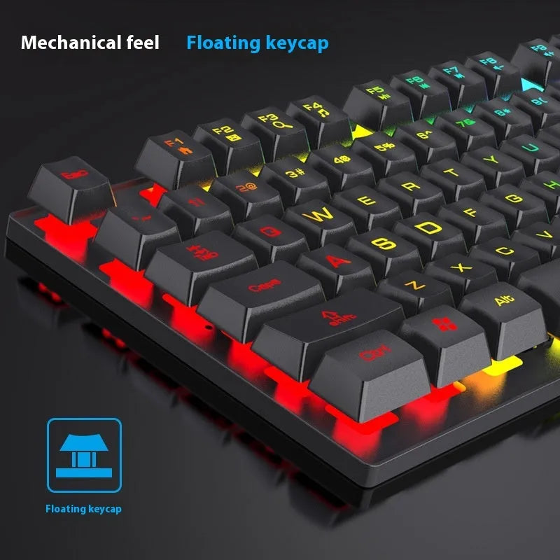 Black 104-key gaming keyboard with backlight and matching mouse on desk
