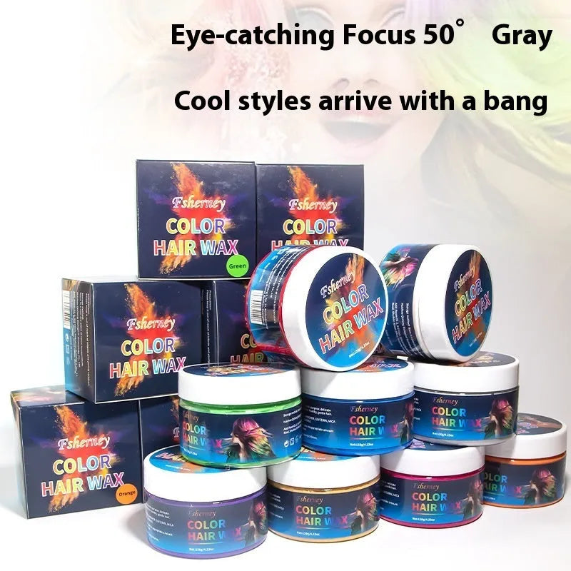 Pot of 120g hair styling clay shown in one of nine available colours, including blue, green, red, and granny grey.