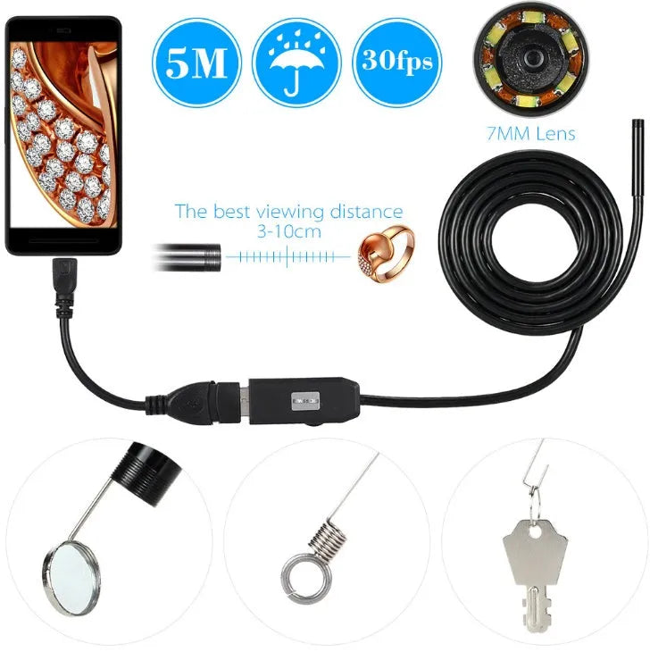 OWSOO USB endoscope camera with 5m cable, hook, magnet, and mirror attachments for phone and computer inspection.