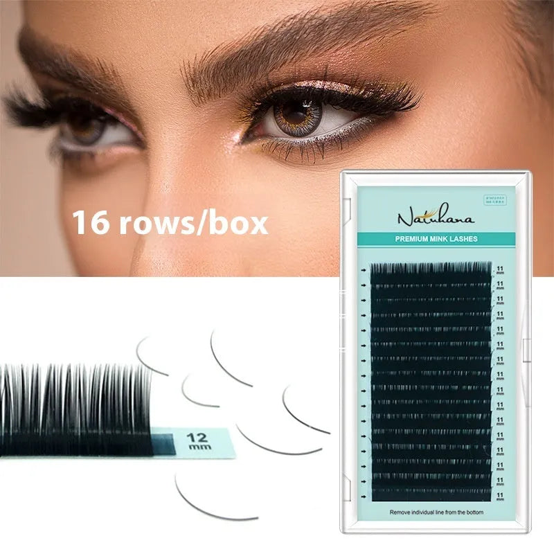 Soft velvet false eyelashes showing range of curl types and lengths from 7mm to 15mm.