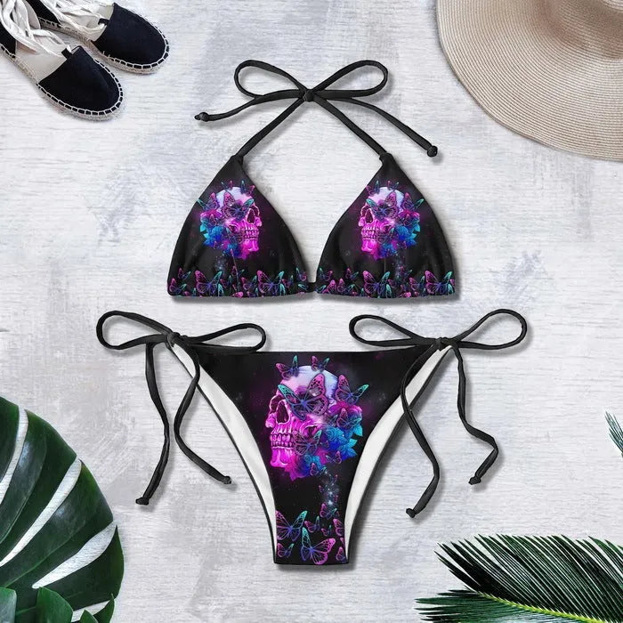 3D printed lace up bikini set for summer with graphic customisation, sleeveless top and pants in colour BAD82
