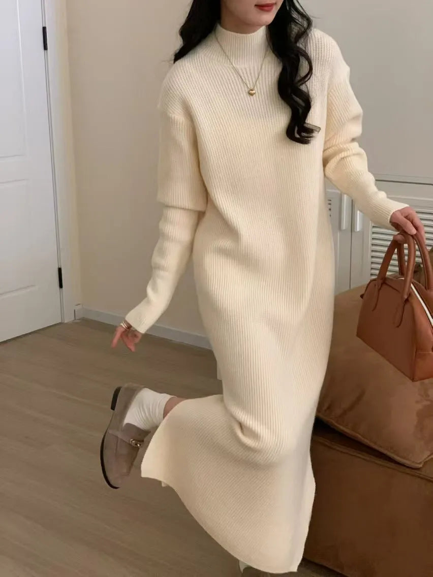 Acrylic knitted dress with high waist, long sleeves, and mid-length skirt in commuting style
