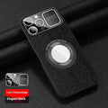 Magnetic phone case with large window and tree pattern, TPU leather, in silver gray, vibrant orange, elegant black, and sapphire blue.
