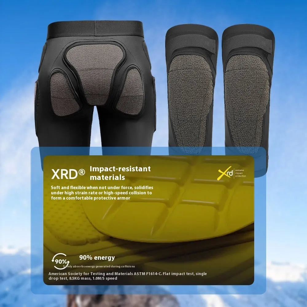 X-ray diffraction ski protective gear showing separate hip pad and knee pad sets for impact sports.
