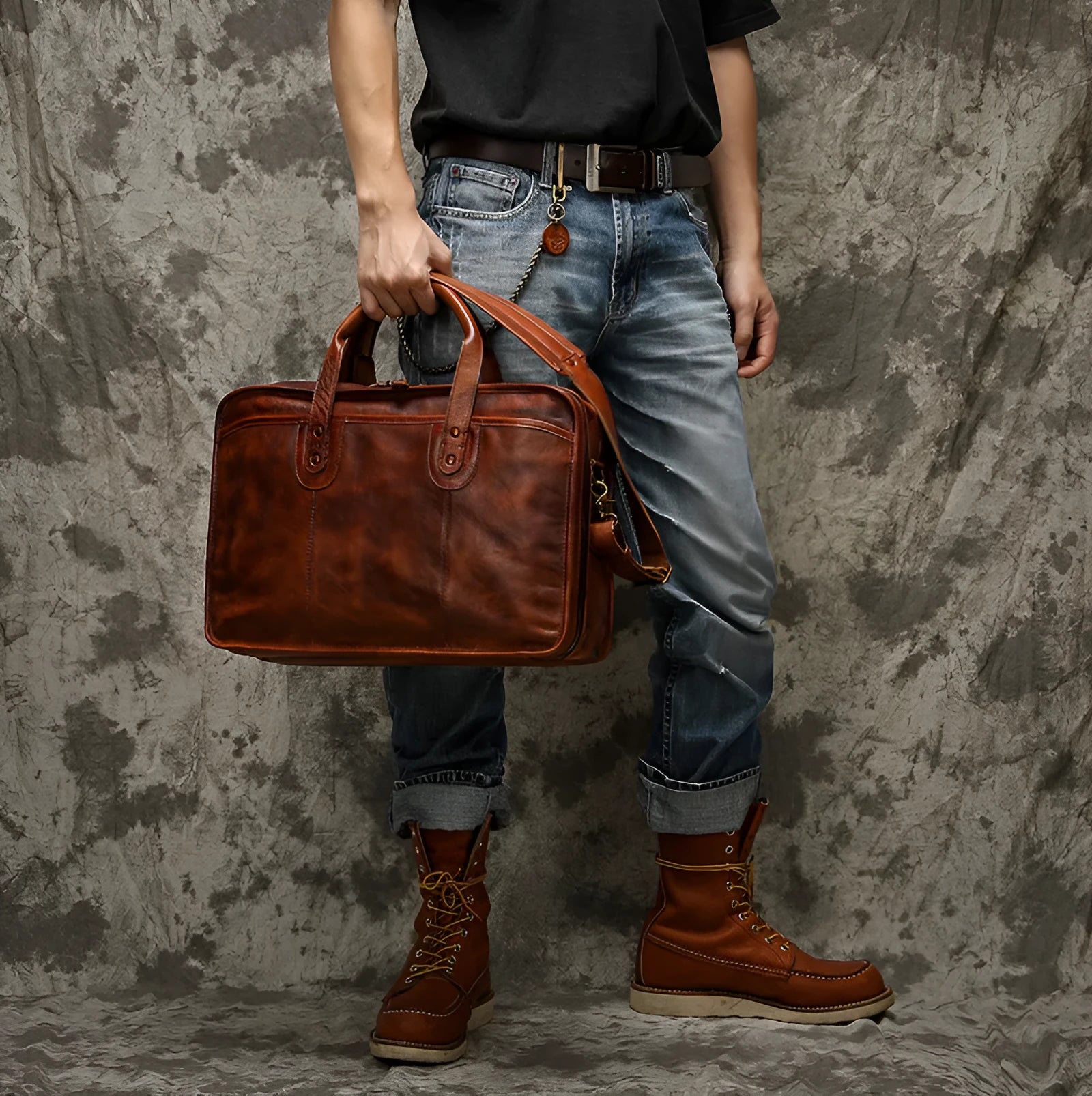 Large vintage leather men's briefcase showing internal laptop, document, camera, and phone compartments