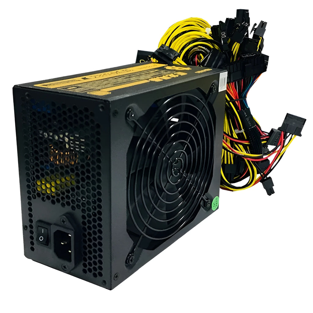 Black server power supply unit with cooling fan and multiple cable connectors