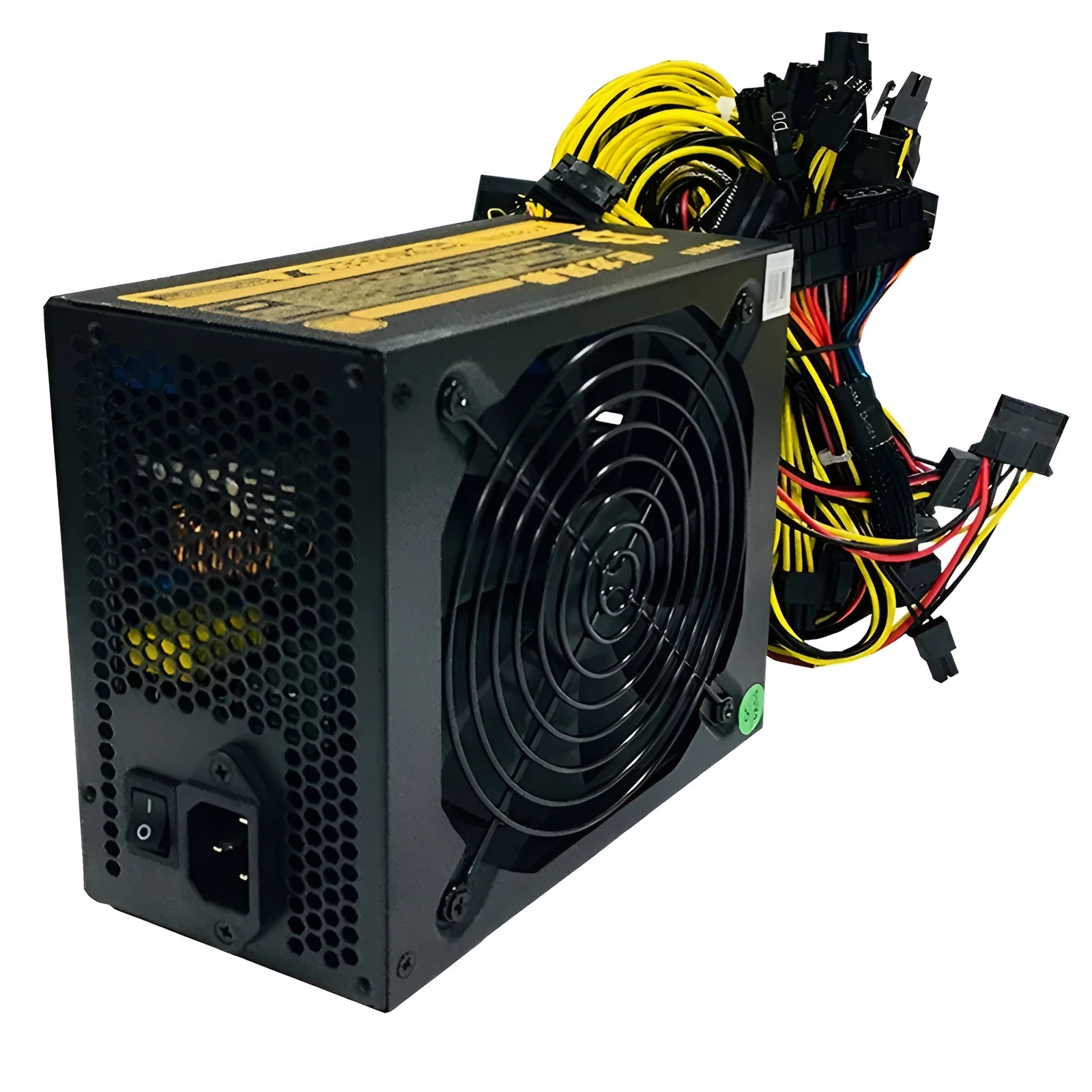 Black server power supply unit with cooling fan and multiple cable connectors