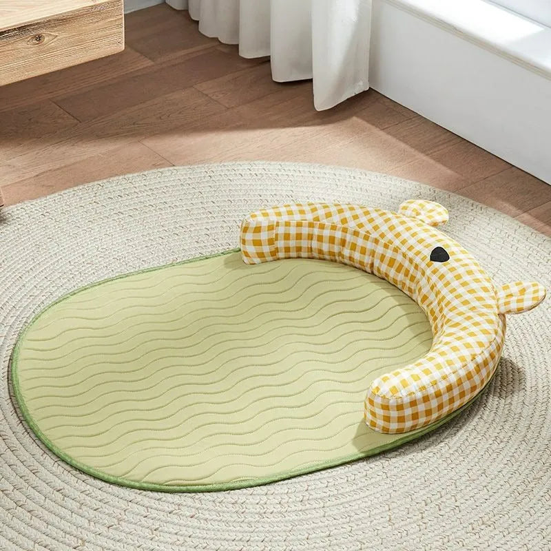 Green and yellow cooling mat for dogs and cats, shown in small, medium, large, and extra-large sizes.