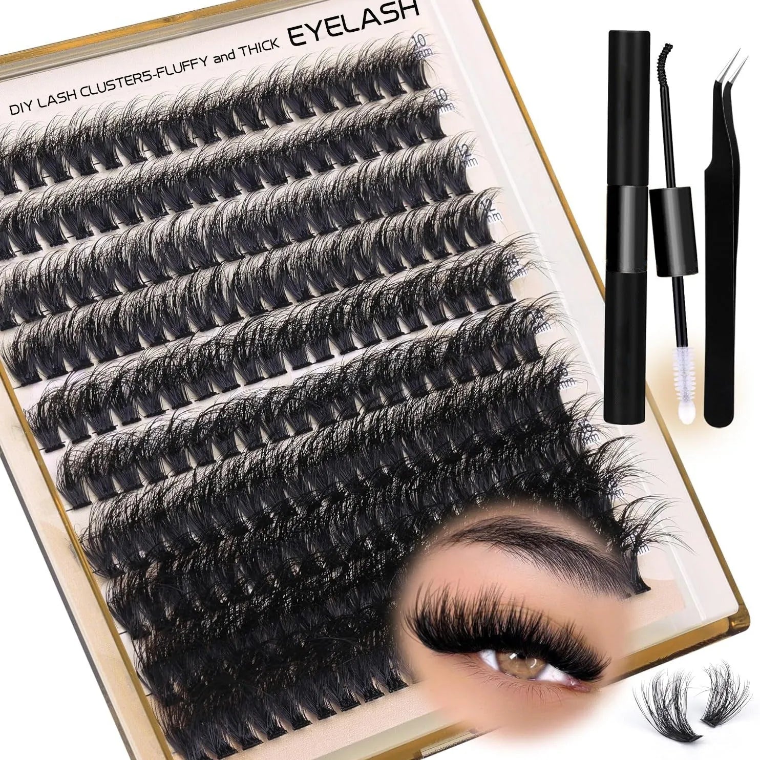 Fluffy faux mink segmented eyelashes 200D density on a white tray with tweezers