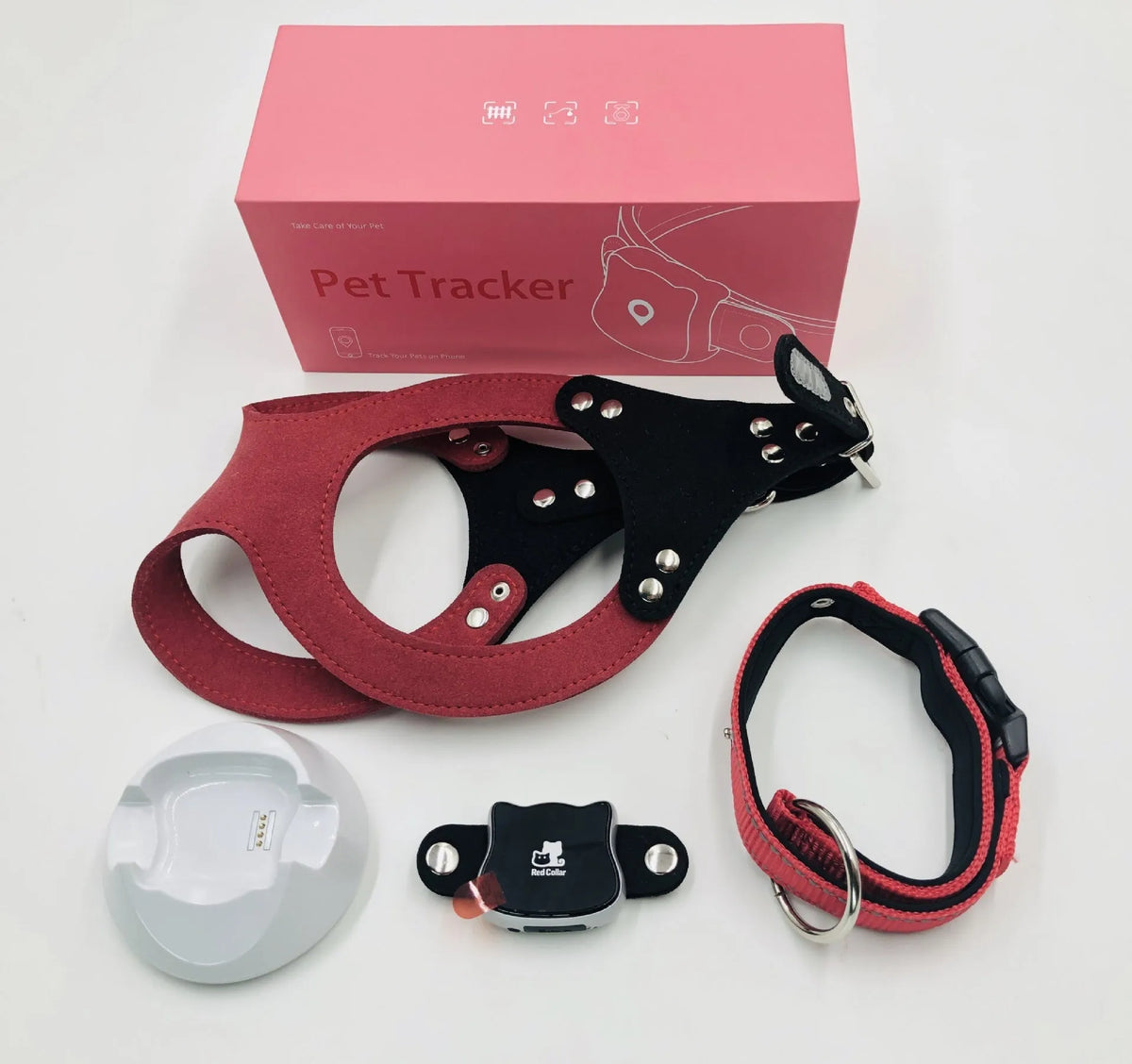 Smart pet GPS tracker collar set with pink cloth collar, pet carrier, magnetic charger and USB cable