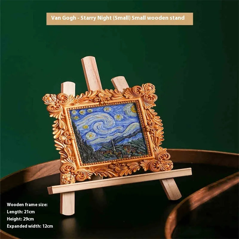 DIY oil painting kit showing epoxy pottery base, propylene pigments and brushes for creating famous art reproductions