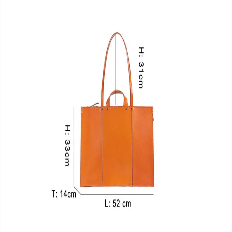 Large retro tote bag in vegetable tanned leather with top layer cowhide, 52cm by 33cm, in 8751Brown