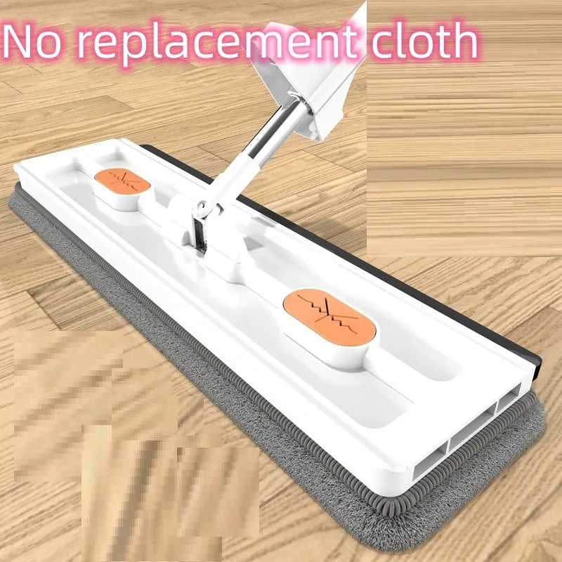 Large flat mop with stainless steel handle and blue mop cloth on hard floor