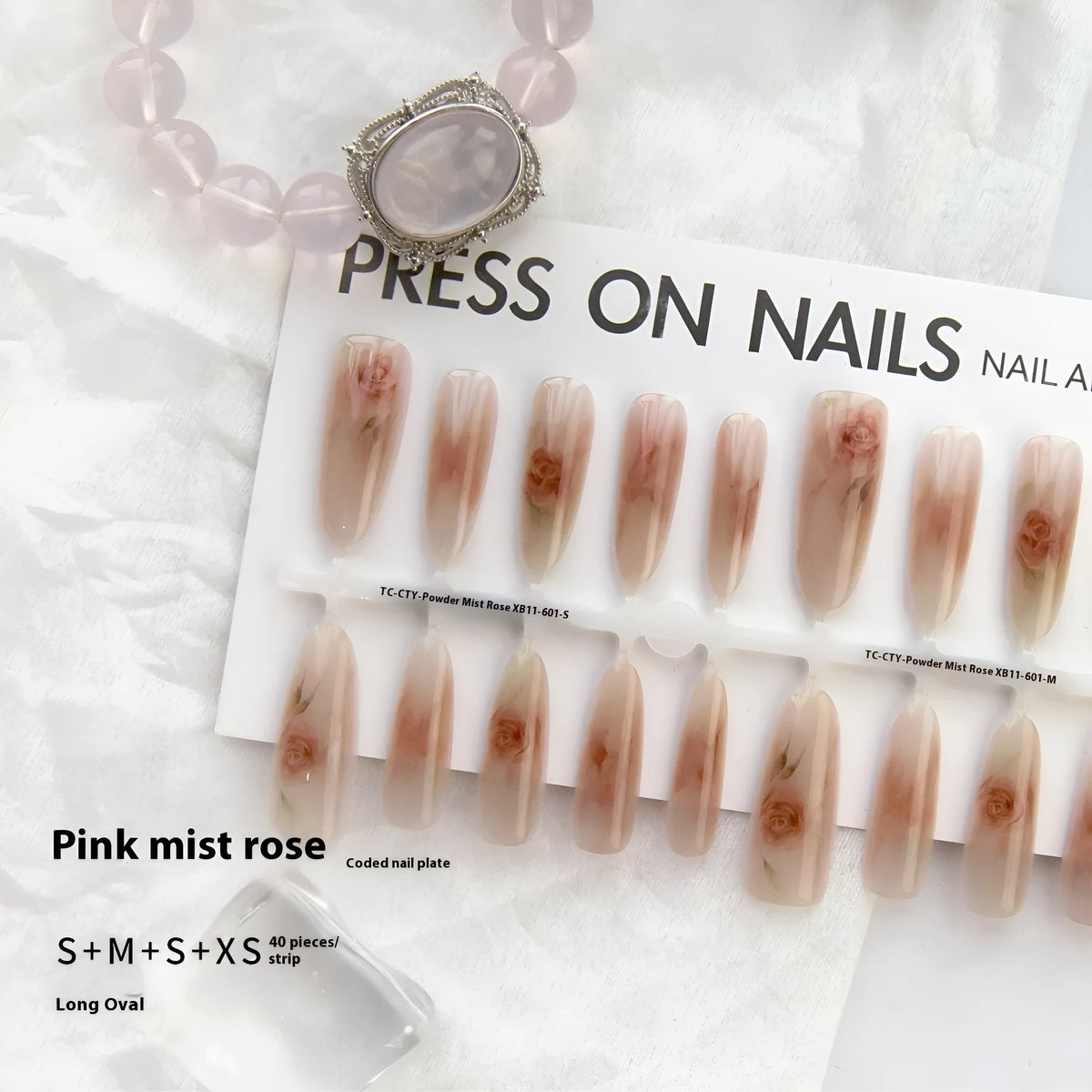 Pink mist rose ancient style rose flower nail stickers, prolate ellipse, ultra-thin seamless, 40pcs set for ladies nail art