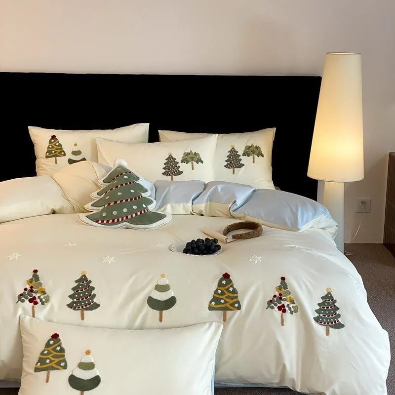 Christmas tree embroidered cotton bedding set with duvet cover, sheet and pillowcases