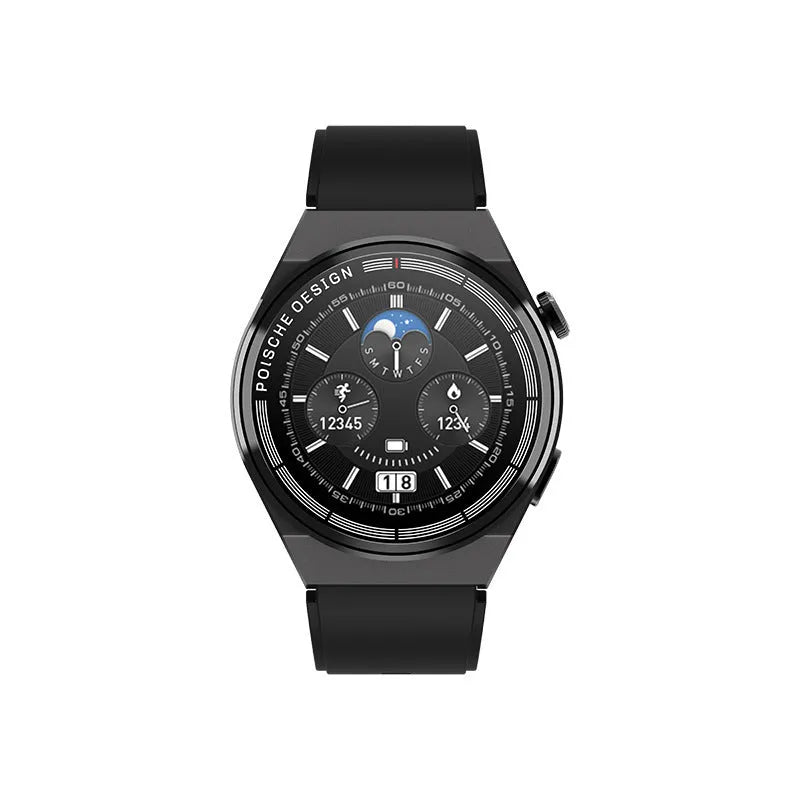 Black smartwatch with a circular 1.39 inch screen on a silicone strap, showing Bluetooth calling and health monitoring interface