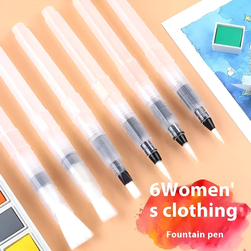 Six-piece watercolor pen set with pointed and flat tips in assorted sizes, plastic body