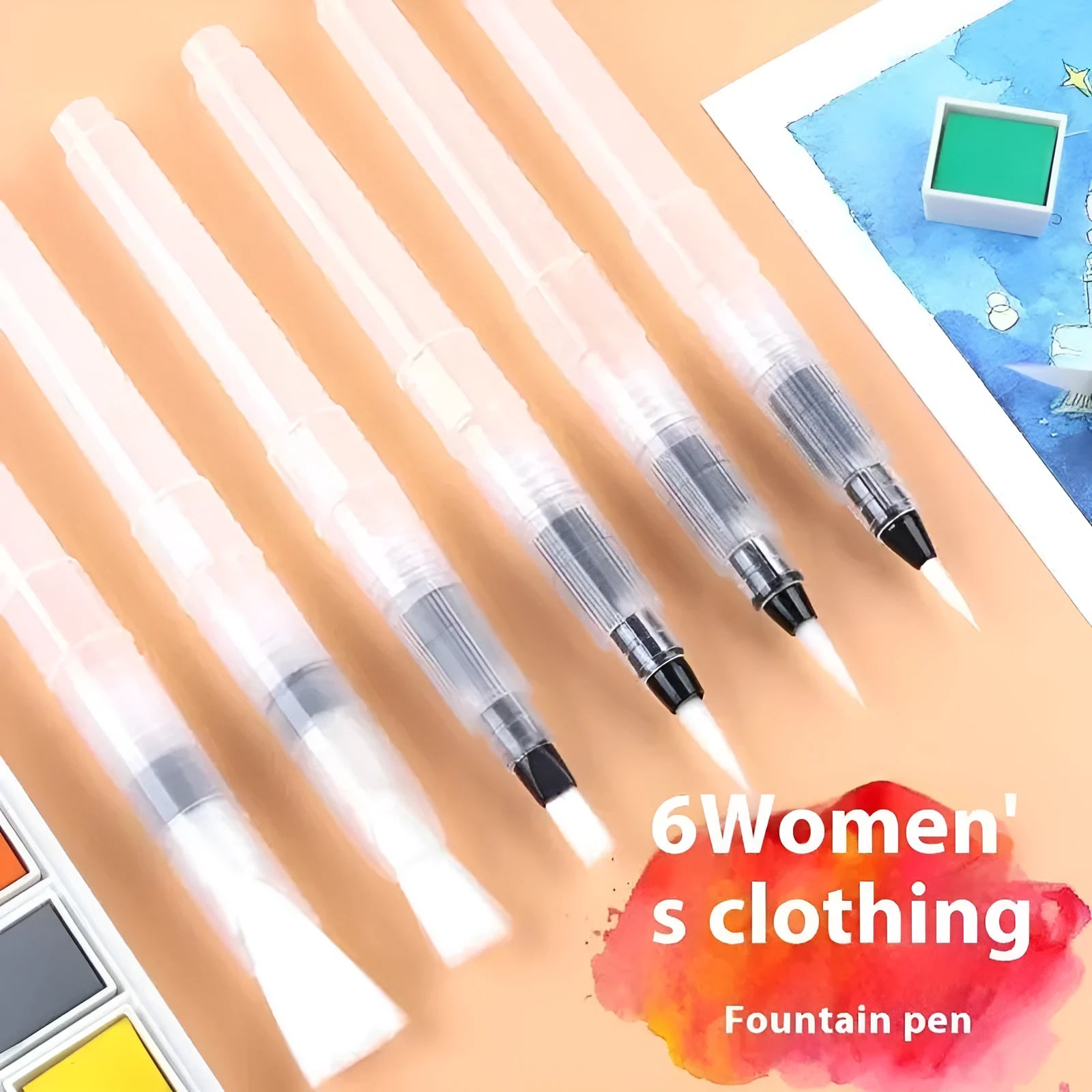 Six-piece watercolor pen set with pointed and flat tips in assorted sizes, plastic body