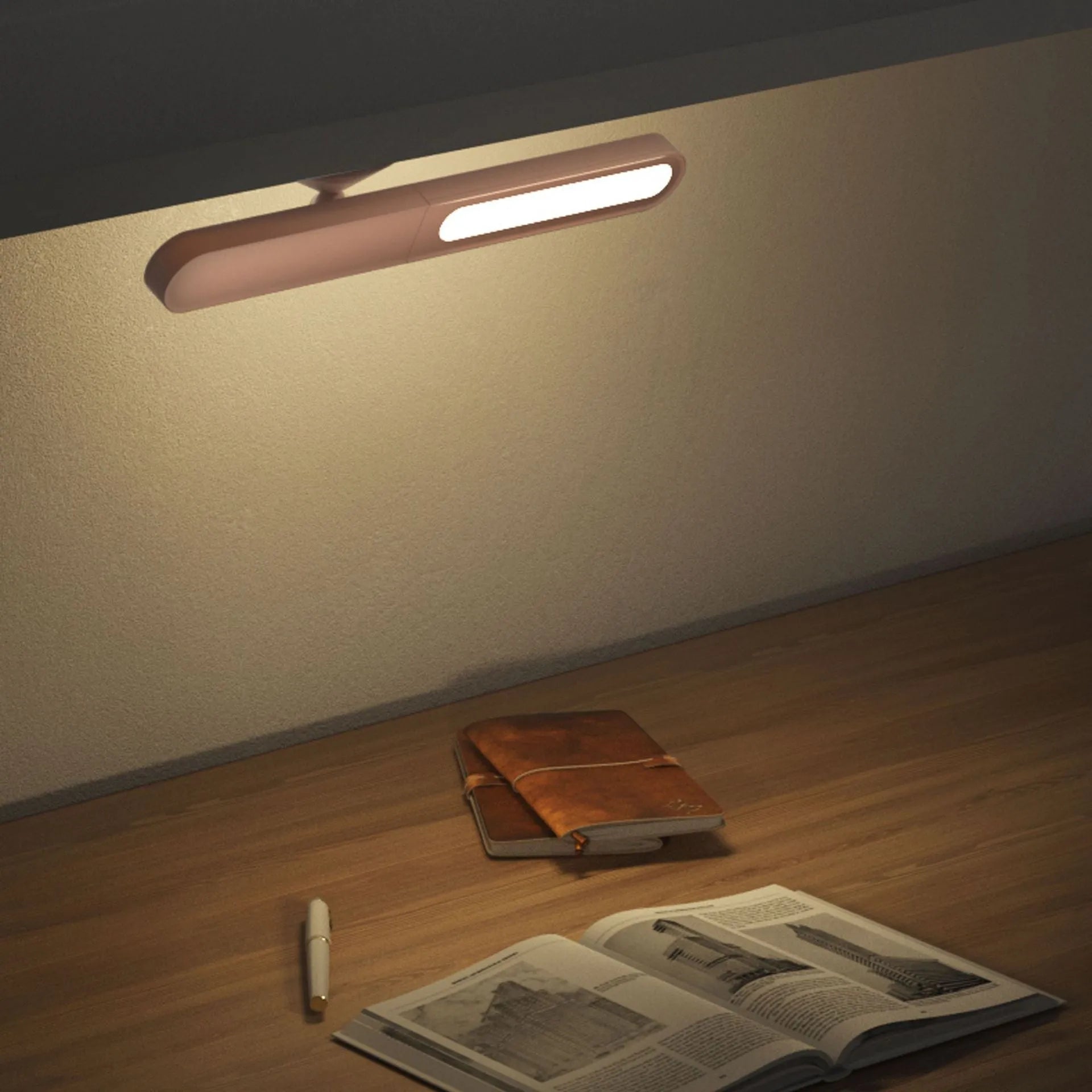 Geometric khaki desk lamp with magnetic wall suction mount and USB cable