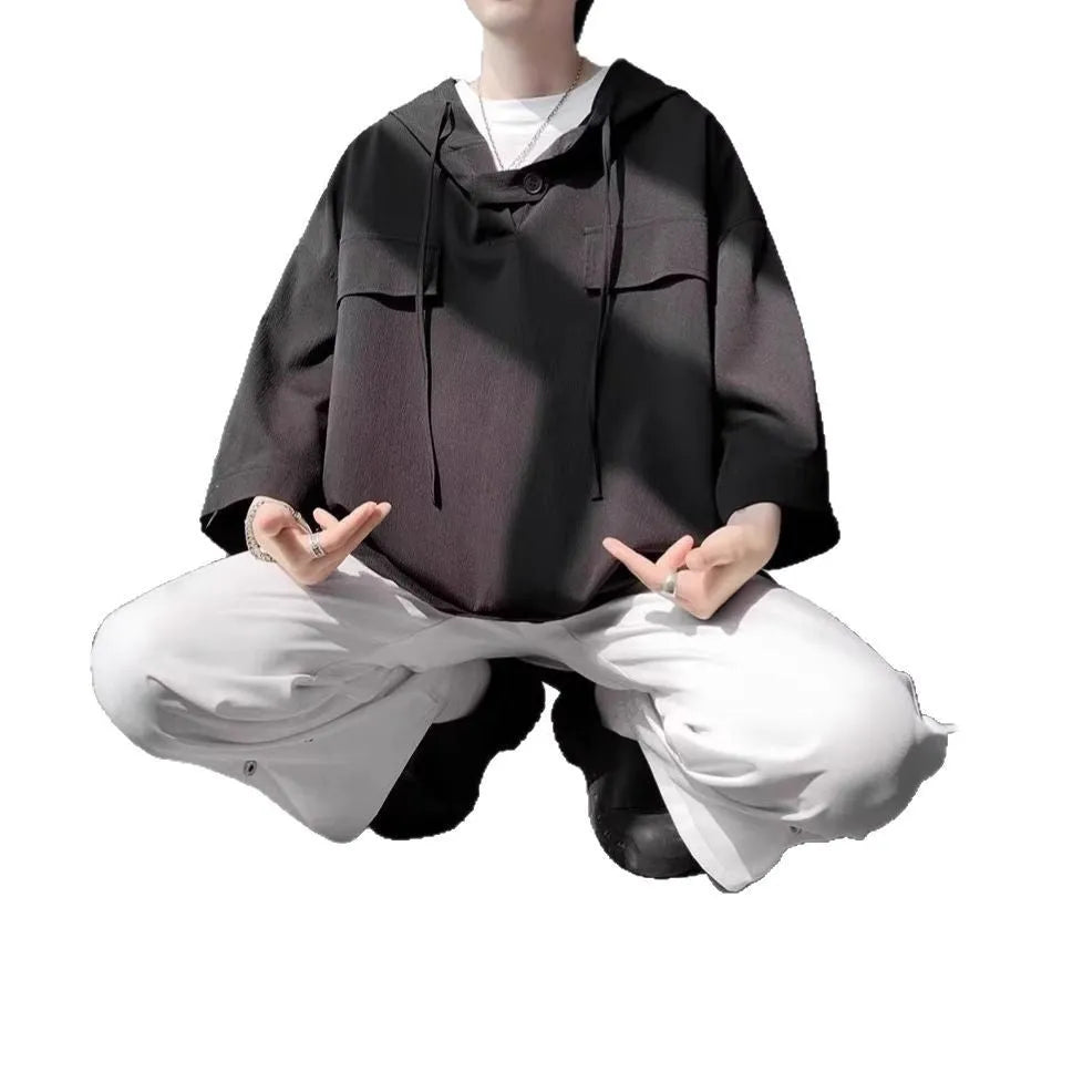 Men's hooded short sleeve T-shirt in loose fit pullover style for summer wear