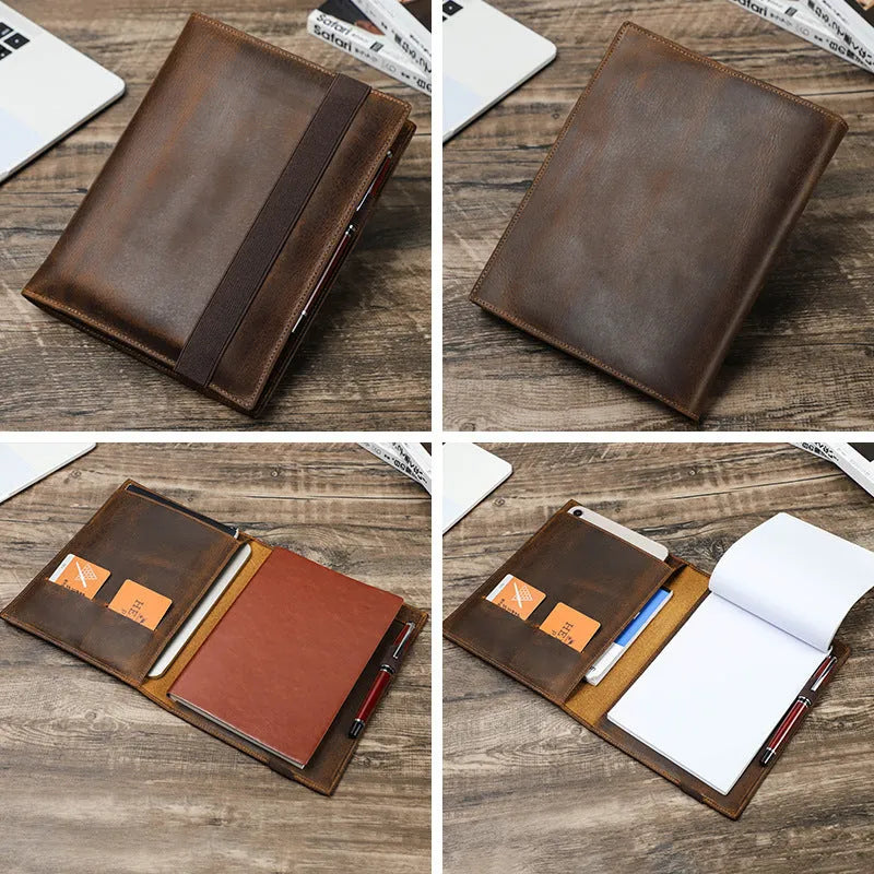 Brown Crazy Horse leather A5 notebook protective sleeve with square socket style design