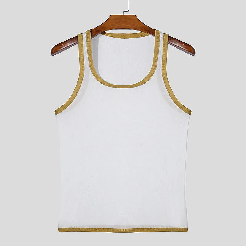 Men's black polyester mesh fitness vest with straight hem for sports activities