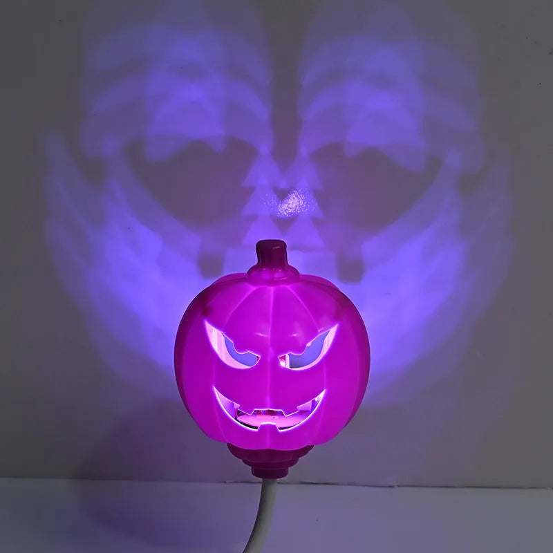 Plastic pumpkin lamp with USB cable, showing yellow and purple light options, scale shown against 8.3x22cm dimensions
