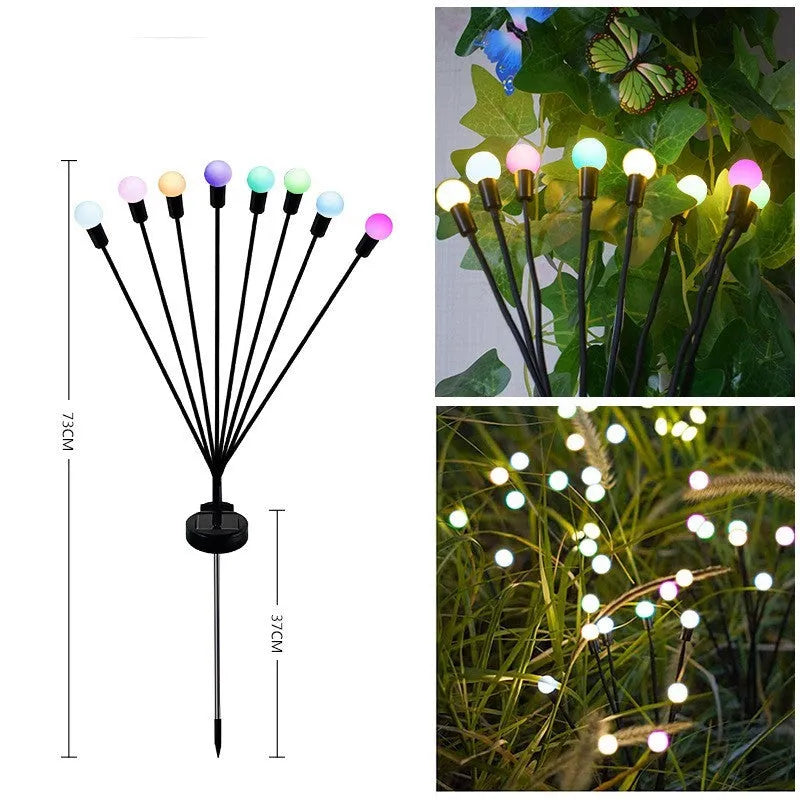 Solar-powered LED firefly ground lamp with multiple heads and ground spike for garden installation