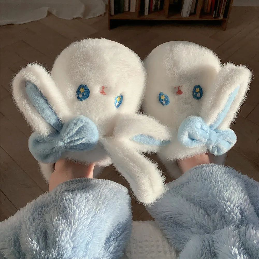 White autumn winter indoor slippers with soft EVA sole and platform heel, cartoon pattern, artificial wool lining.