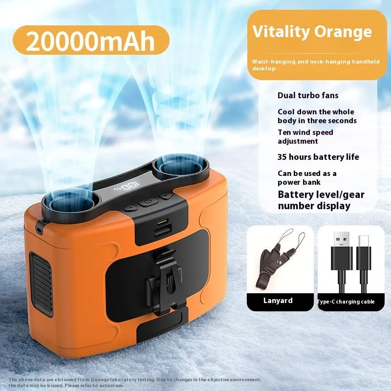 Portable USB rechargeable fan with lithium battery, 10000mAh or 20000mAh capacity, 3 or 10 speeds, and ABS blades
