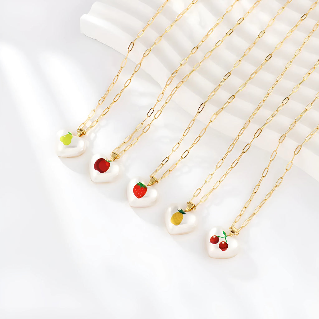 Geometric heart pendant necklace with fruit charm on adjustable 21-50cm chain