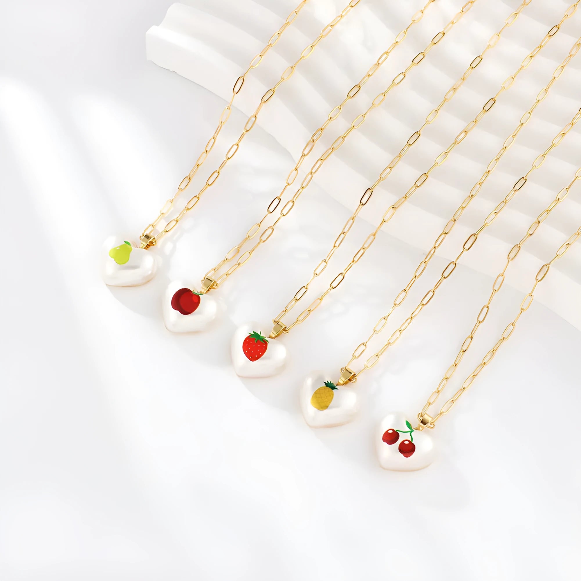 Geometric heart pendant necklace with fruit charm on adjustable 21-50cm chain