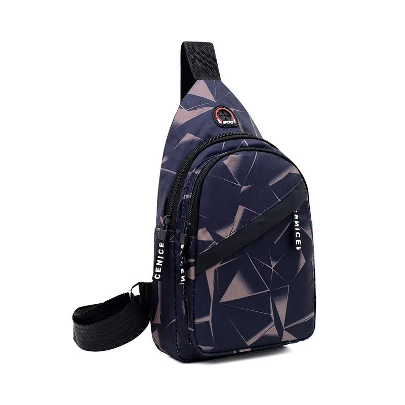 Blue Oxford cloth sling bag with a crossbody strap, earphone hole, and zipper pocket.