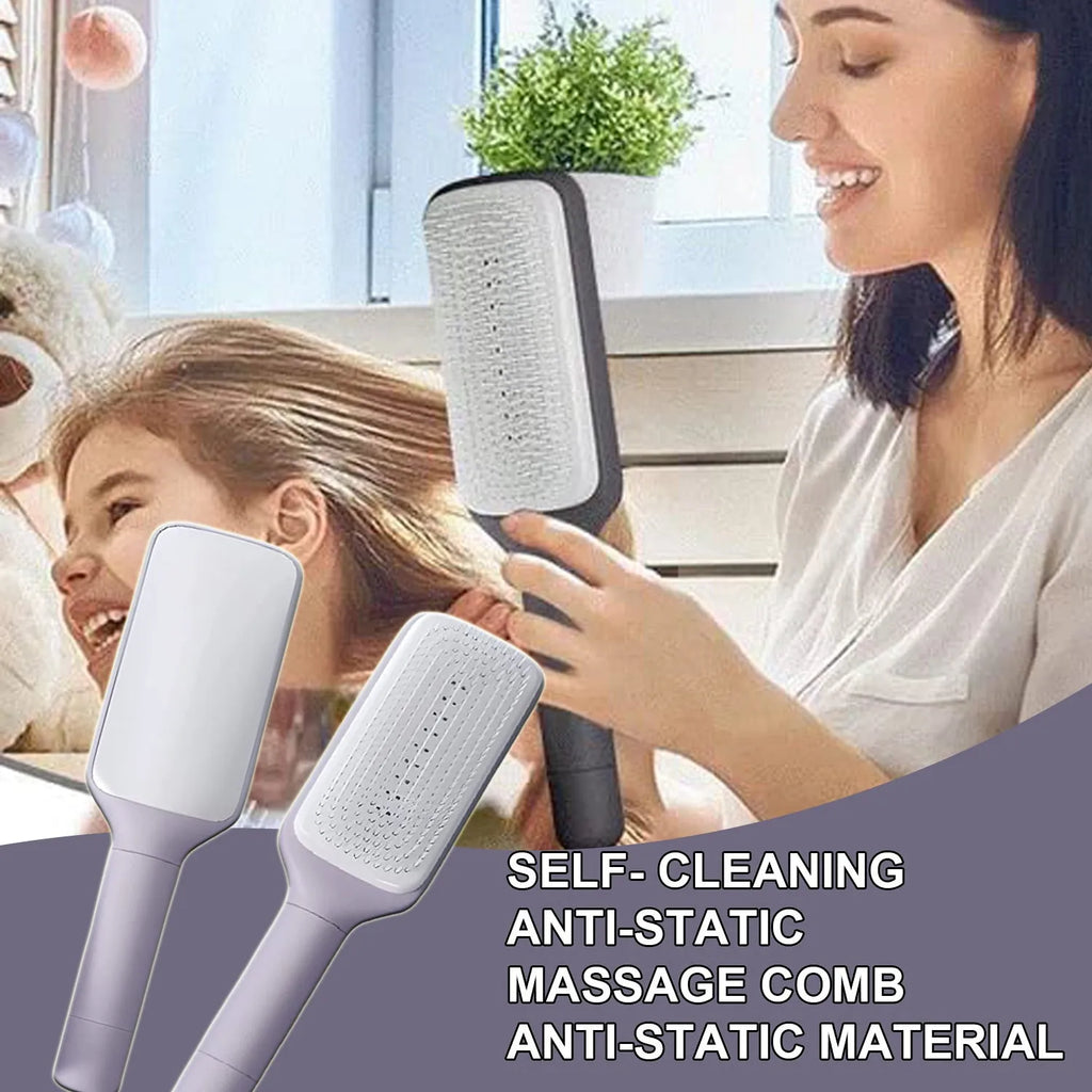 Purple self-cleaning hair brush with rotating handle and massage comb bristles